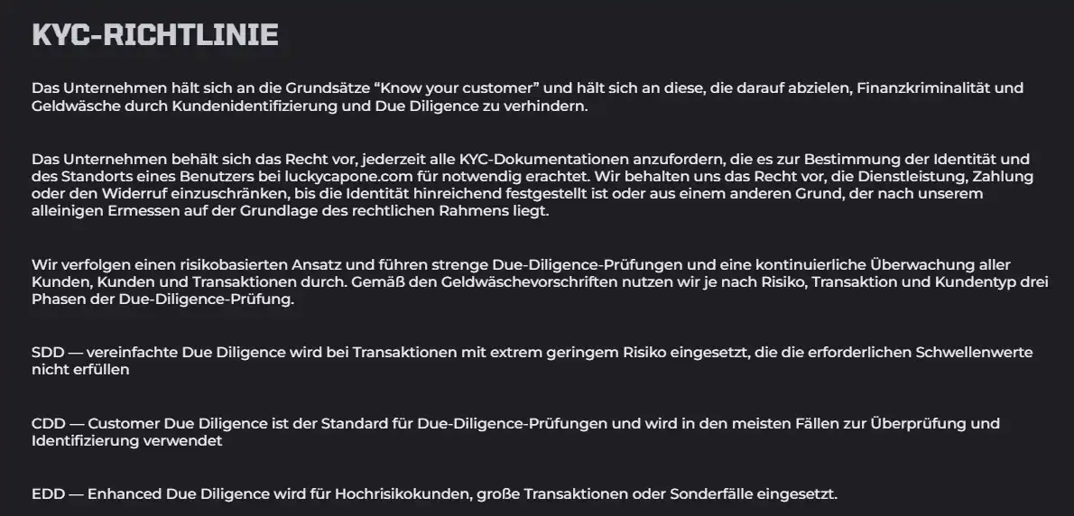 Luckycapone KYC Policy mit Dokumentenanforderungen und 24-Stunden-Prüfhinweis