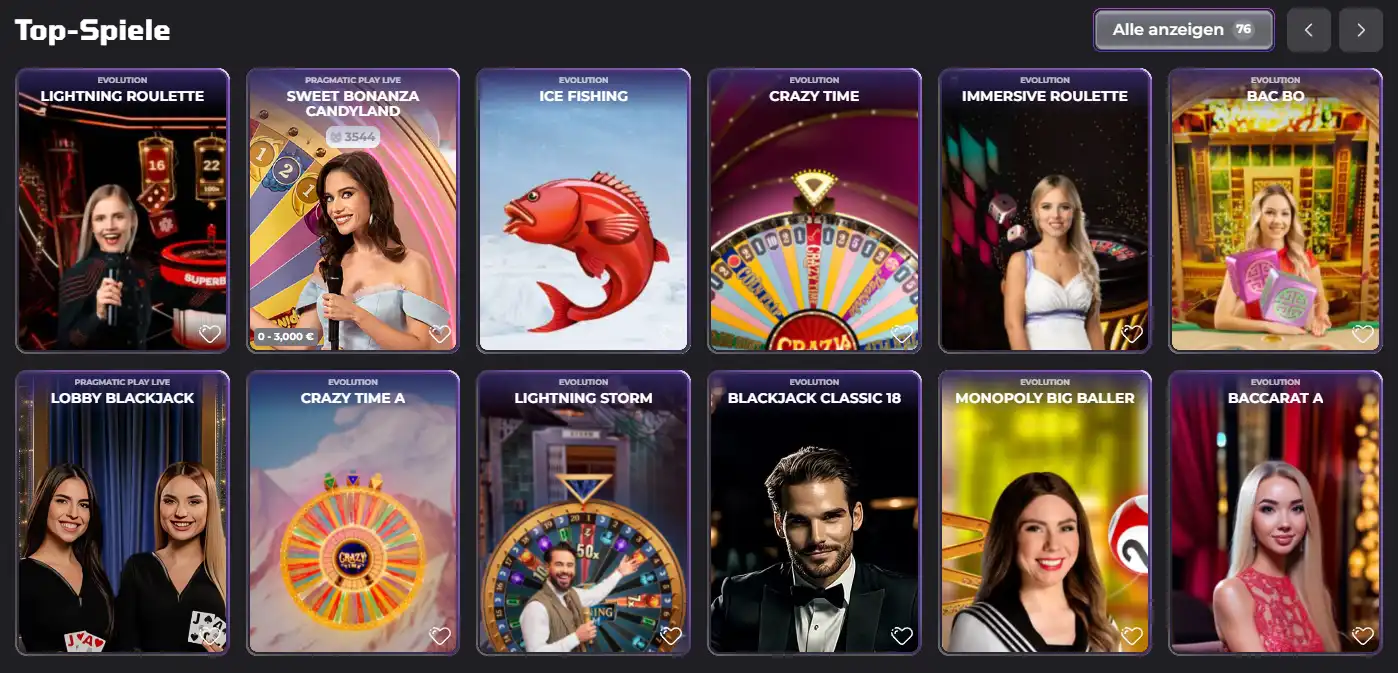 Luckycapone Live-Casino-Lobby mit Evolution Titeln und Live-Kategorien