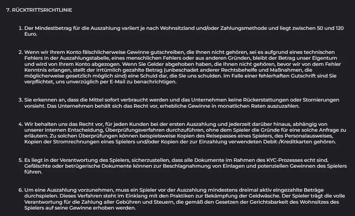 Luckycapone Terms mit Regeln zu Mindestauszahlung, Bearbeitungszeit und KYC
