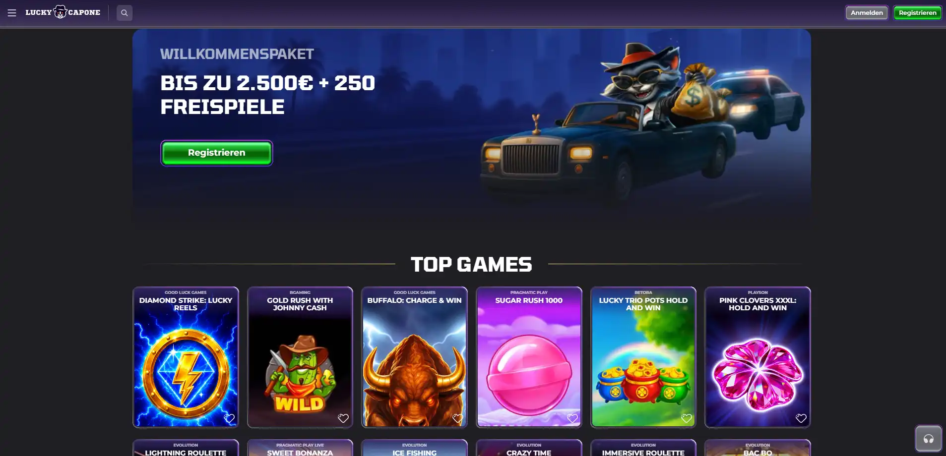 Screenshot der deutschen Luckycapone Startseite