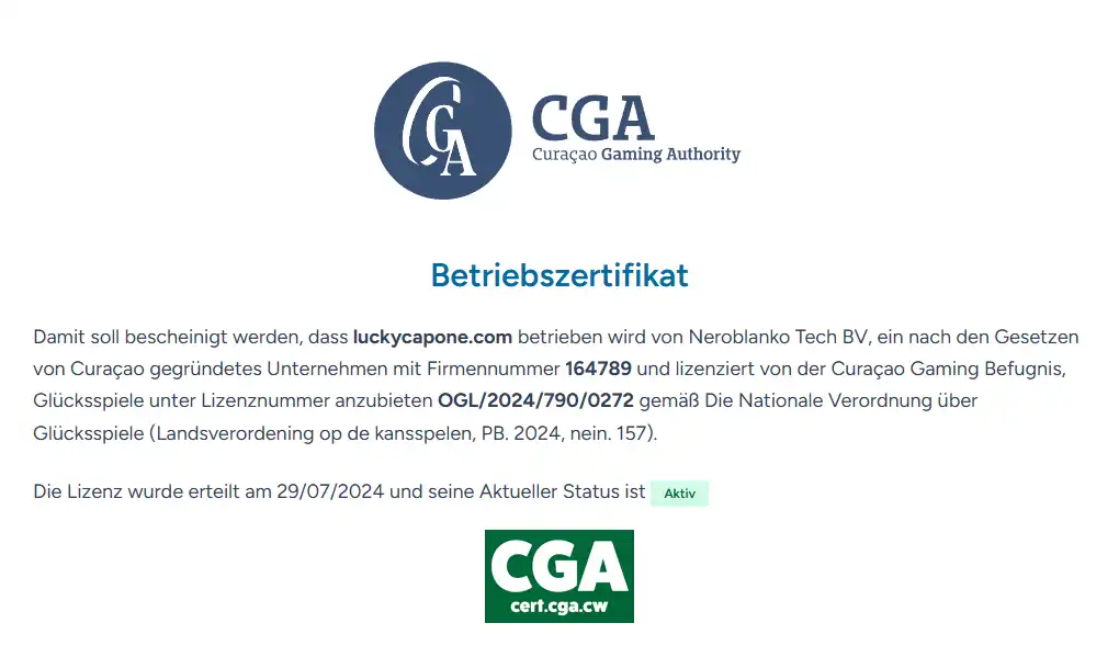 Screenshot des Curaçao Gaming Authority Zertifikats für luckycapone.com